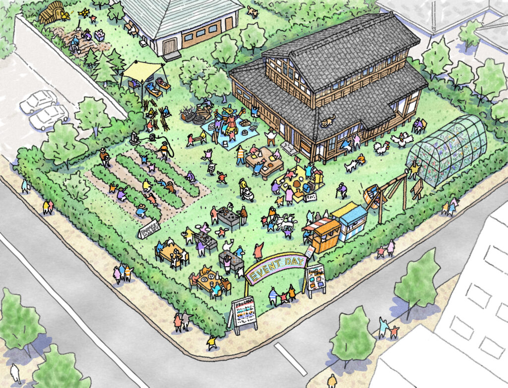 古民家・空き地を活用した地域交流イベントのイメージイラスト