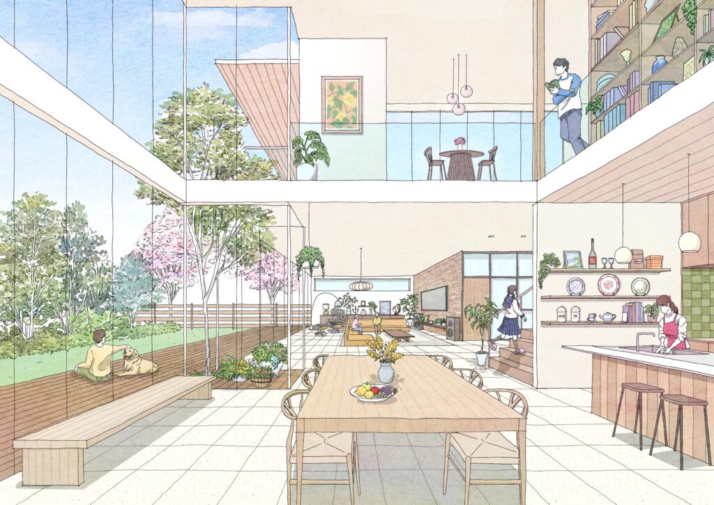 中庭を囲む開放的な吹き抜け住宅インテリアパース